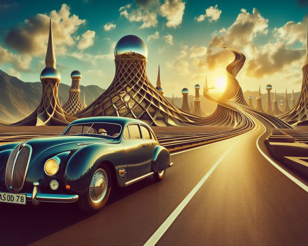 Vintage Blue Car on Surreal Winding Road Landscape
