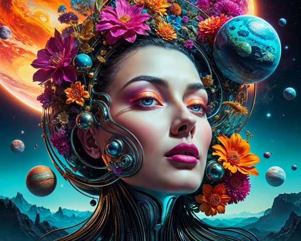 Cybernetic Woman with Flowers in Cosmic Setting