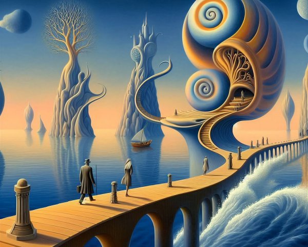 Surreal Landscape with Pier and Spiral Shell Structure