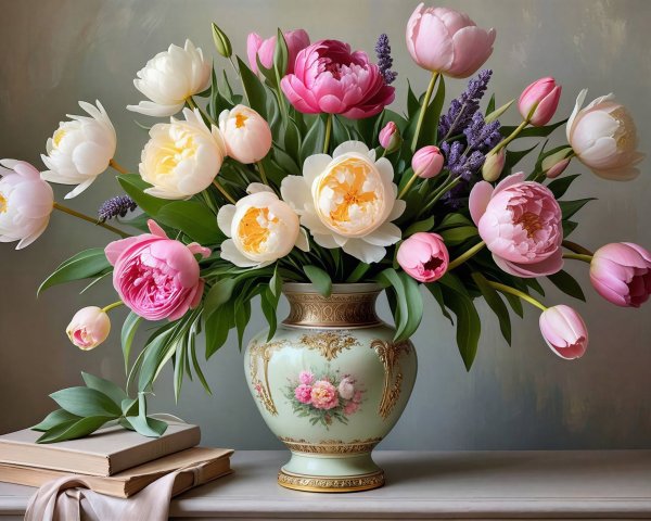 Still Life with Peonies and Tulips in Mint Green Vase