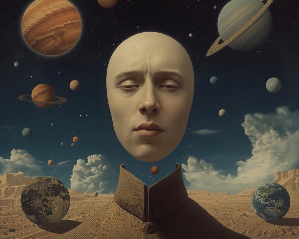 Surreal Scene of a Bald Figure in Cosmic Landscape
