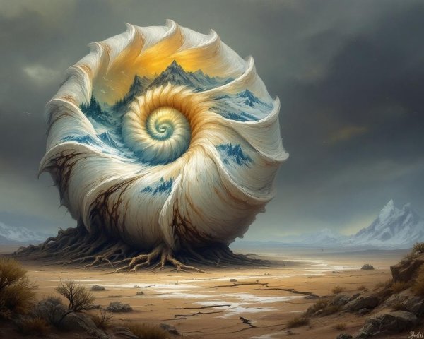 Surreal Landscape with Giant Nautilus Shell and Desert