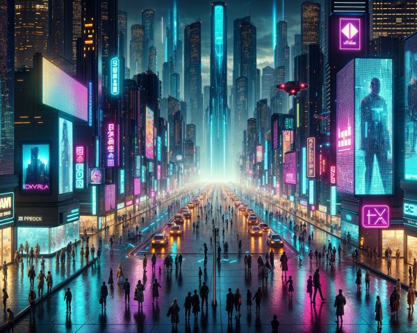 Futuristic cityscape with neon lights and bustling streets