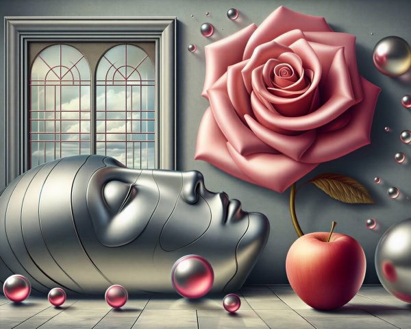 Surreal Composition with Faceless Head and Floral Elements