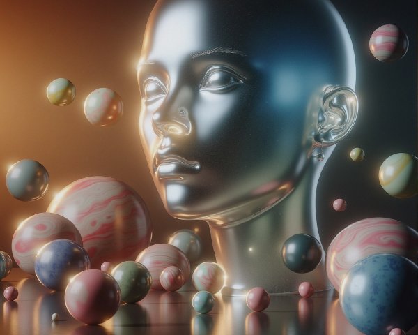 Metallic Human Head Sculpture with Colorful Spheres