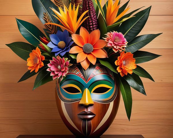 Elaborate Tribal Face Mask with Floral Arrangement
