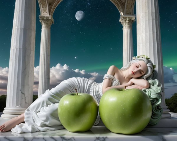 Serene figure in white gown among green apples at night