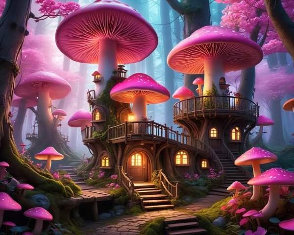 Enchanted forest with vibrant mushrooms and treehouses