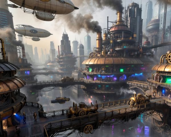 Aerial View of a Detailed Steampunk Cityscape