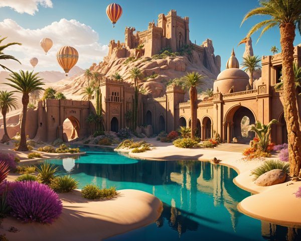 Desert Oasis with Palm Trees and Majestic Mountains