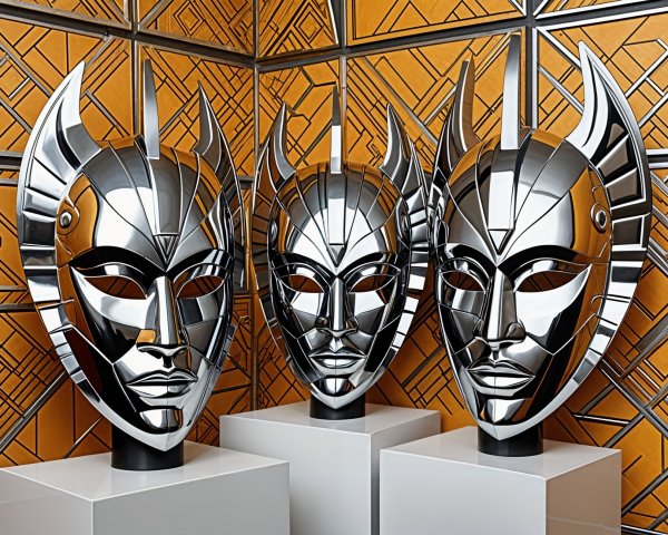 Metallic Masks with Intricate Designs on Pedestals