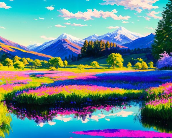 Vibrant Landscape with Meadow and Reflective Pond