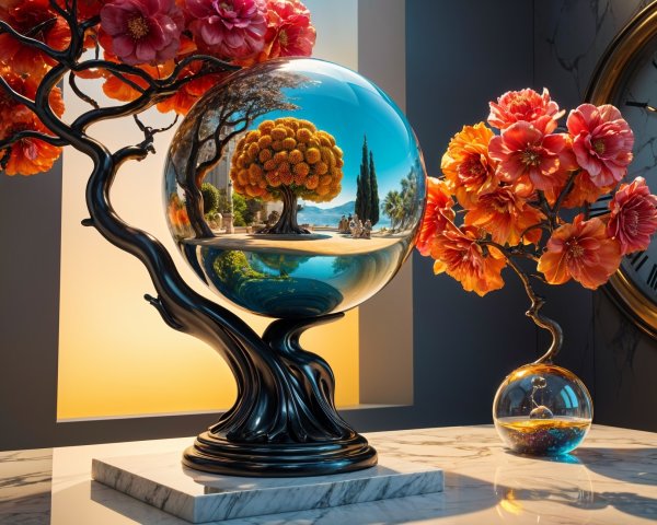 Vibrant Glass Sphere Centerpiece with Floral Arrangements