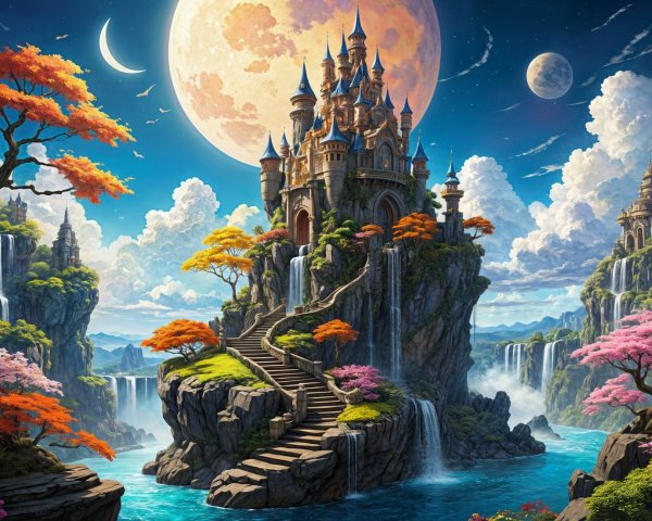 Majestic castle on rocky island with waterfalls and moon