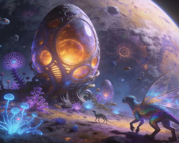 Alien Landscape with Colorful Planet and Bioluminescent Flora