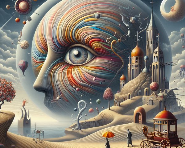 Surreal Landscape with Giant Face and Whimsical Elements
