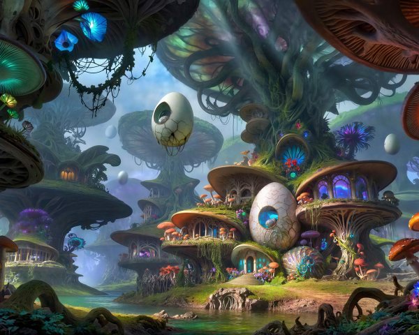 Magical Mushroom Village in a Lush Fantasy Landscape