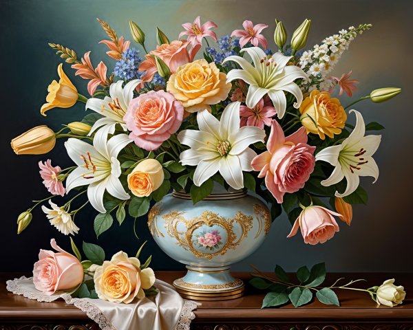 Elegant Bouquet of Roses and Lilies in a Vase