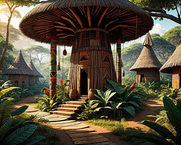 Vibrant village in lush tropical landscape with huts