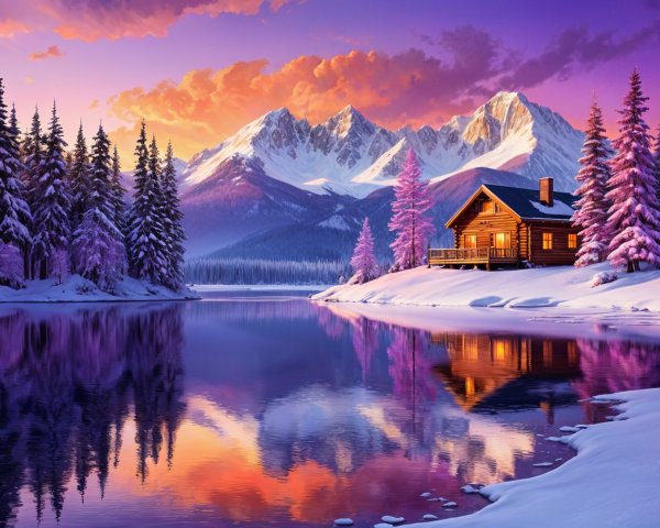 Winter Landscape with Cabin and Reflective Lake