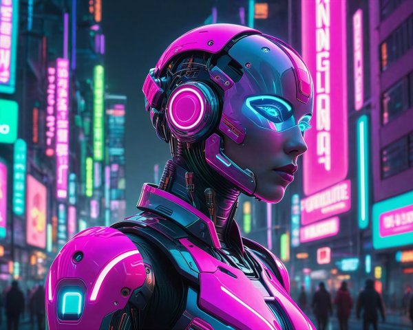 Cyberpunk Portrait of a Female Cyborg in Neon City