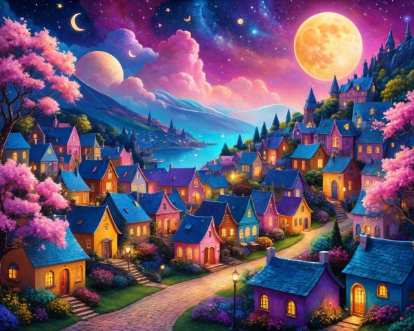 Whimsical Night Scene in a Vibrant Village