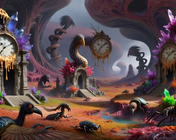 Surreal dreamscape featuring melting clocks and creatures