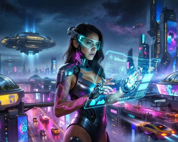 Cyberpunk Cityscape with Holographic Interfaces at Night