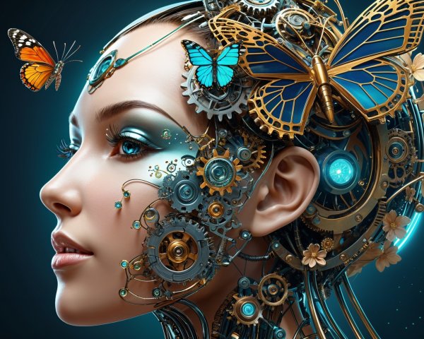Futuristic Female Figure with Mechanical Elements and Butterflies
