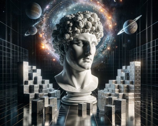 Marble Bust in Cosmic Setting with Futuristic Elements