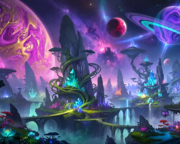 Intricate Nighttime Fantastical Landscape with Celestial Bodies