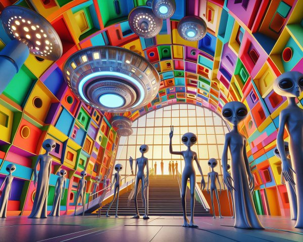 Vibrant Interior with Geometric Patterns and Aliens