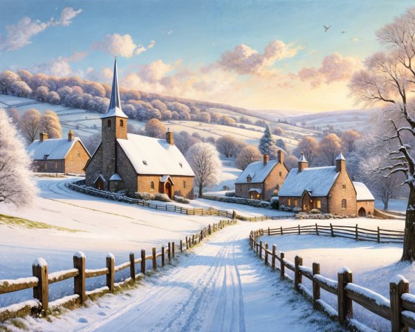 Winter Village Scene with Snowy Cottages and Hills