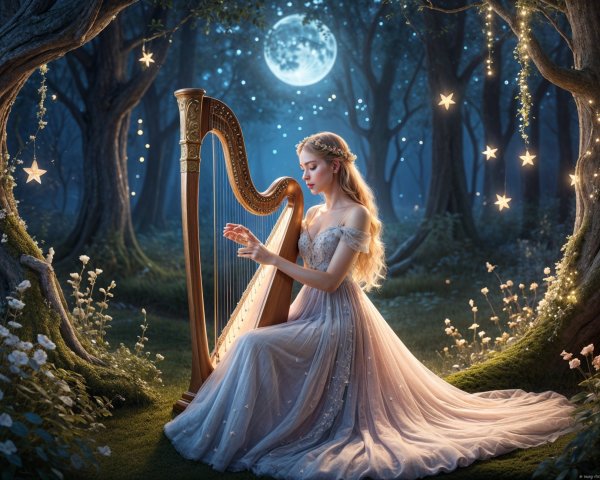 Moonlit Forest Scene with Harp and Ethereal Beauty