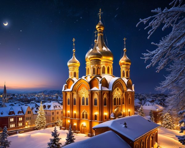 Church with Golden Domes in Winter Twilight Scene