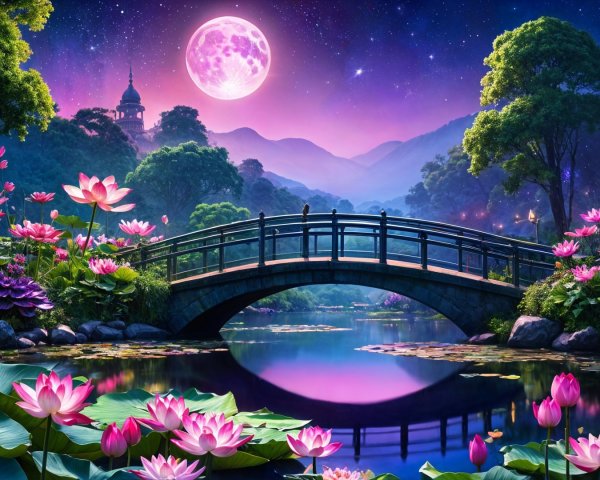 Serene Landscape with Wooden Bridge and Lotus Pond