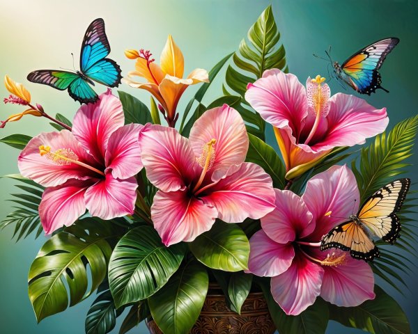 Vibrant Pink Hibiscus Flowers with Butterflies and Leaves