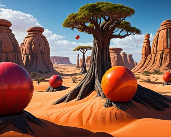 Surreal Landscape with Sandstone Formations and Tree