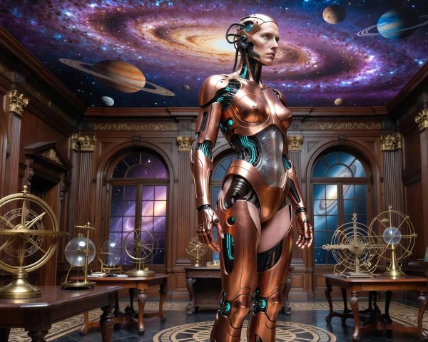 Humanoid Robot in Ornate Room with Cosmic View