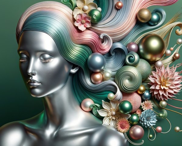 Stylized Metallic Bust of a Woman with Pastel Hair