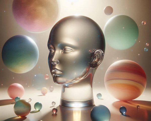 Sculpted Head Surrounded by Colorful Celestial Spheres