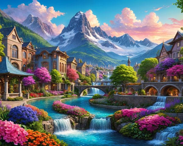 Charming Village Landscape with Mountains and Waterfalls