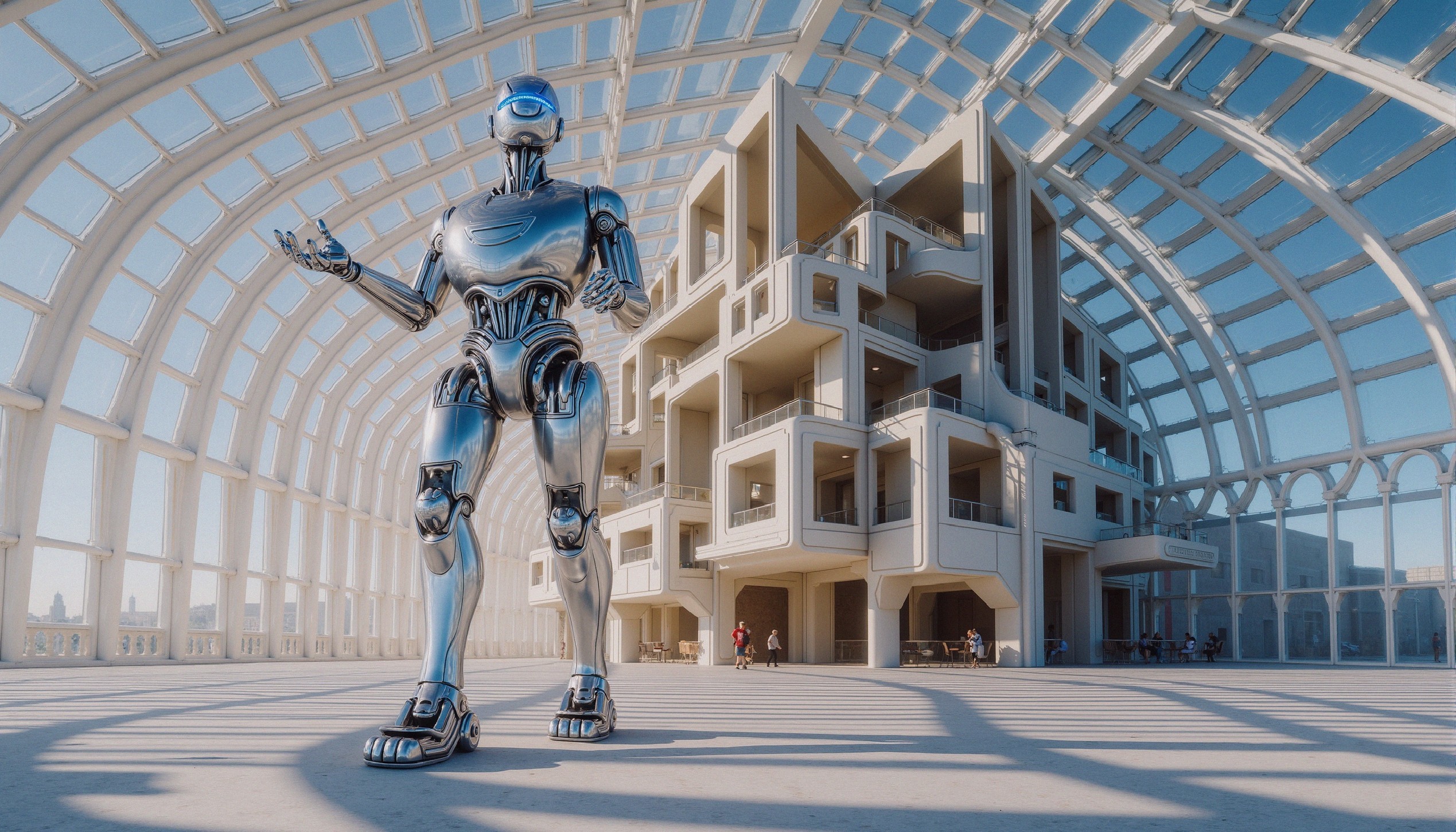 Futuristic Scene with Humanoid Robot in Modern Architecture