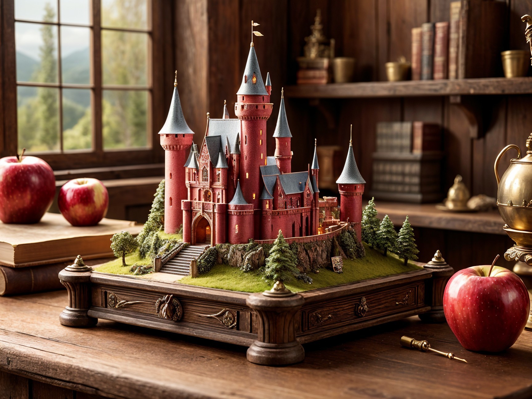 Miniature castle on wooden base with lush surroundings