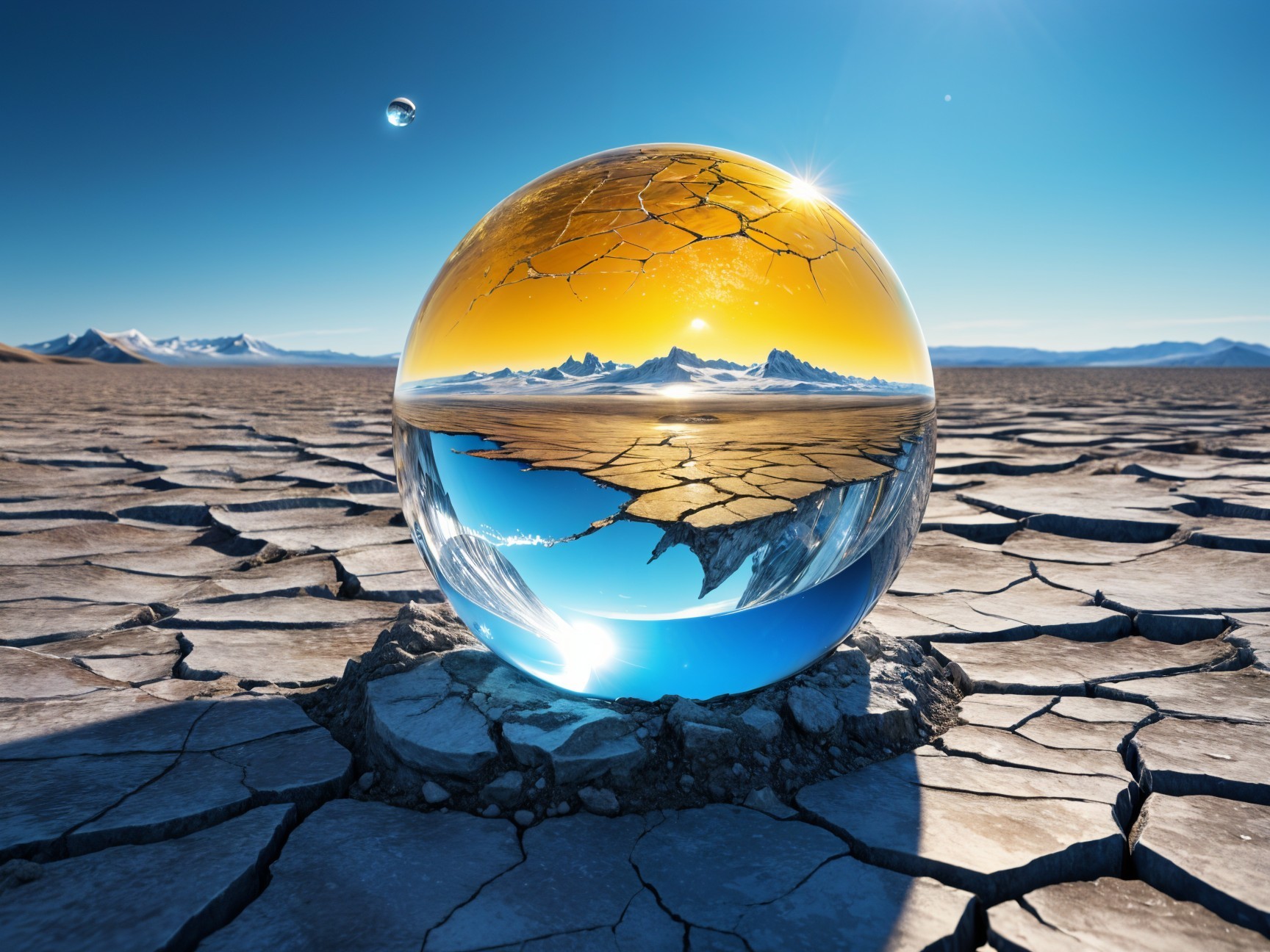 Glass Orb on Cracked Earth Reflecting Landscape