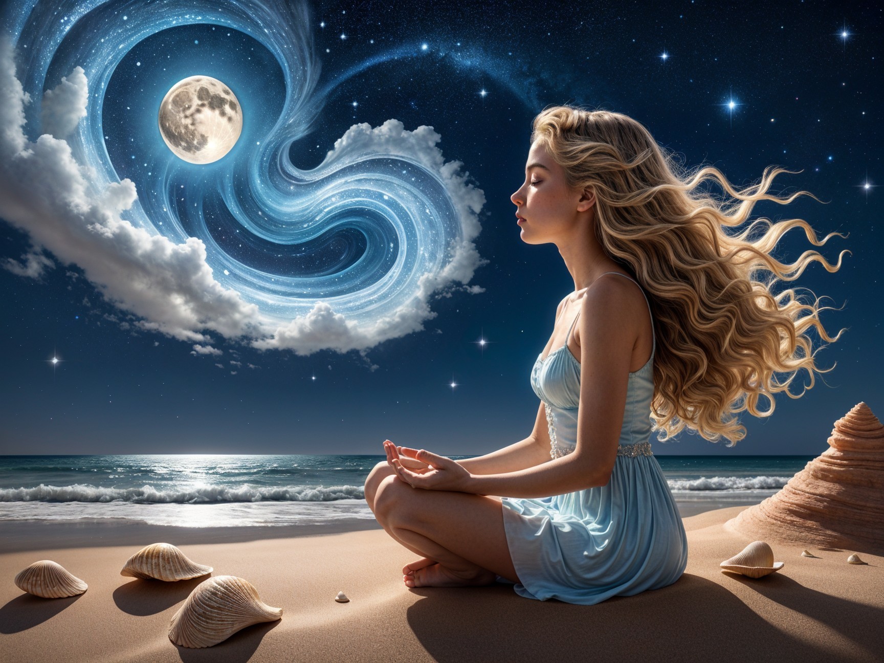 Tranquil Beach Meditation Under Starry Night Sky