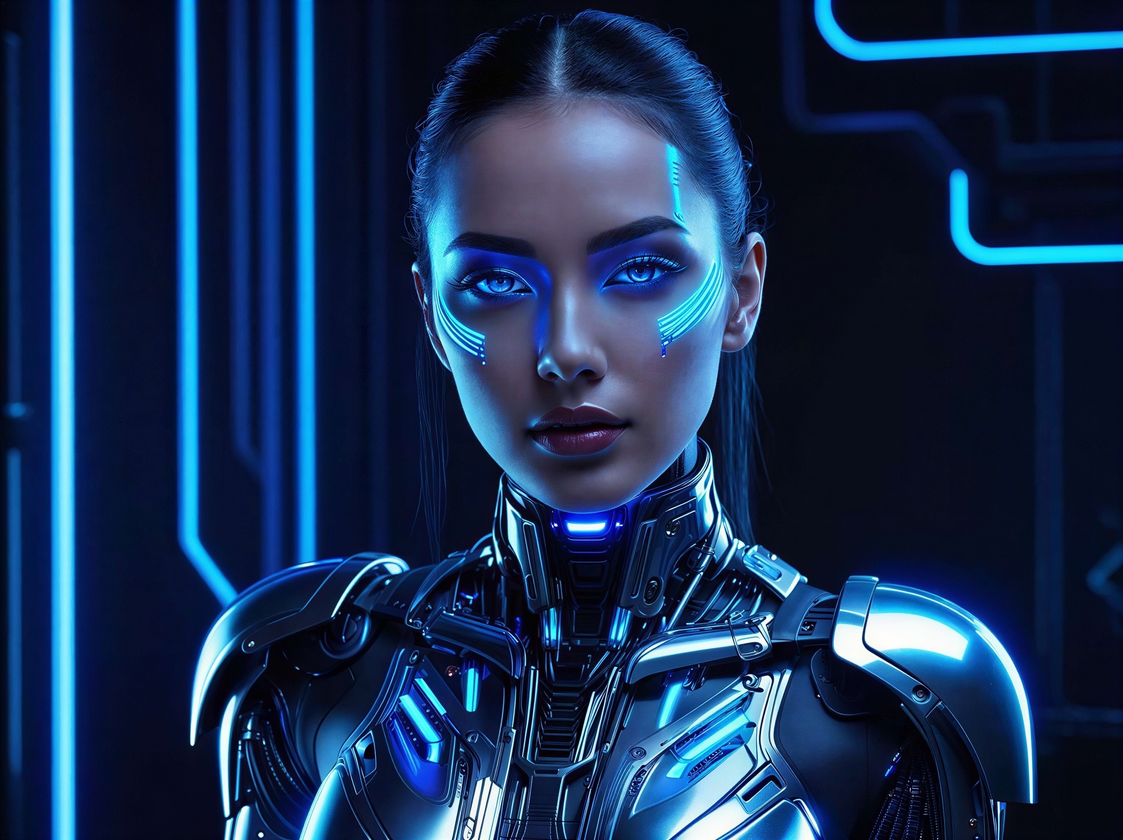 Cyborg Woman with Detailed Robotic Suit and Blue Accents