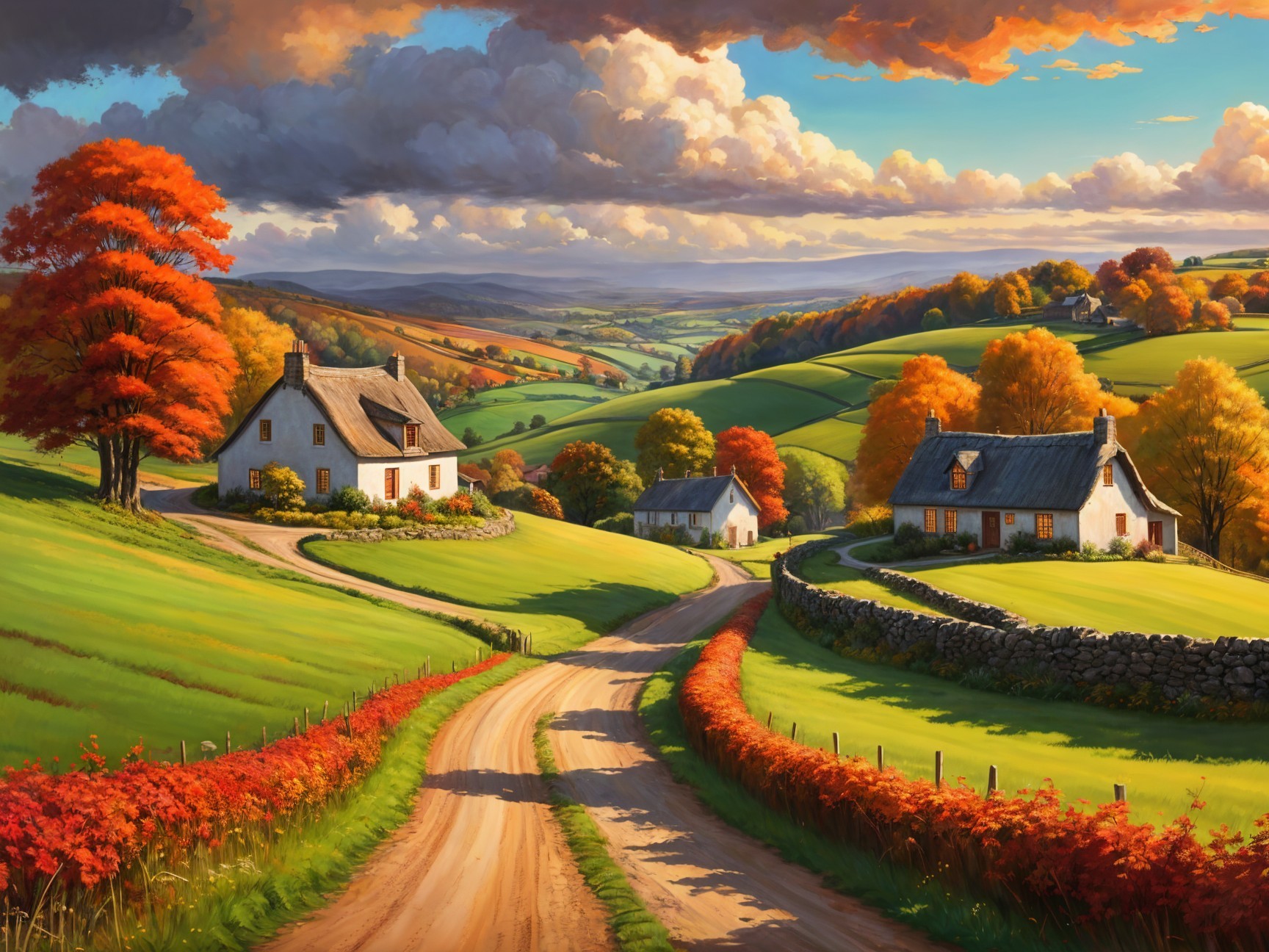 Charming Cottages in Autumn Countryside Landscape