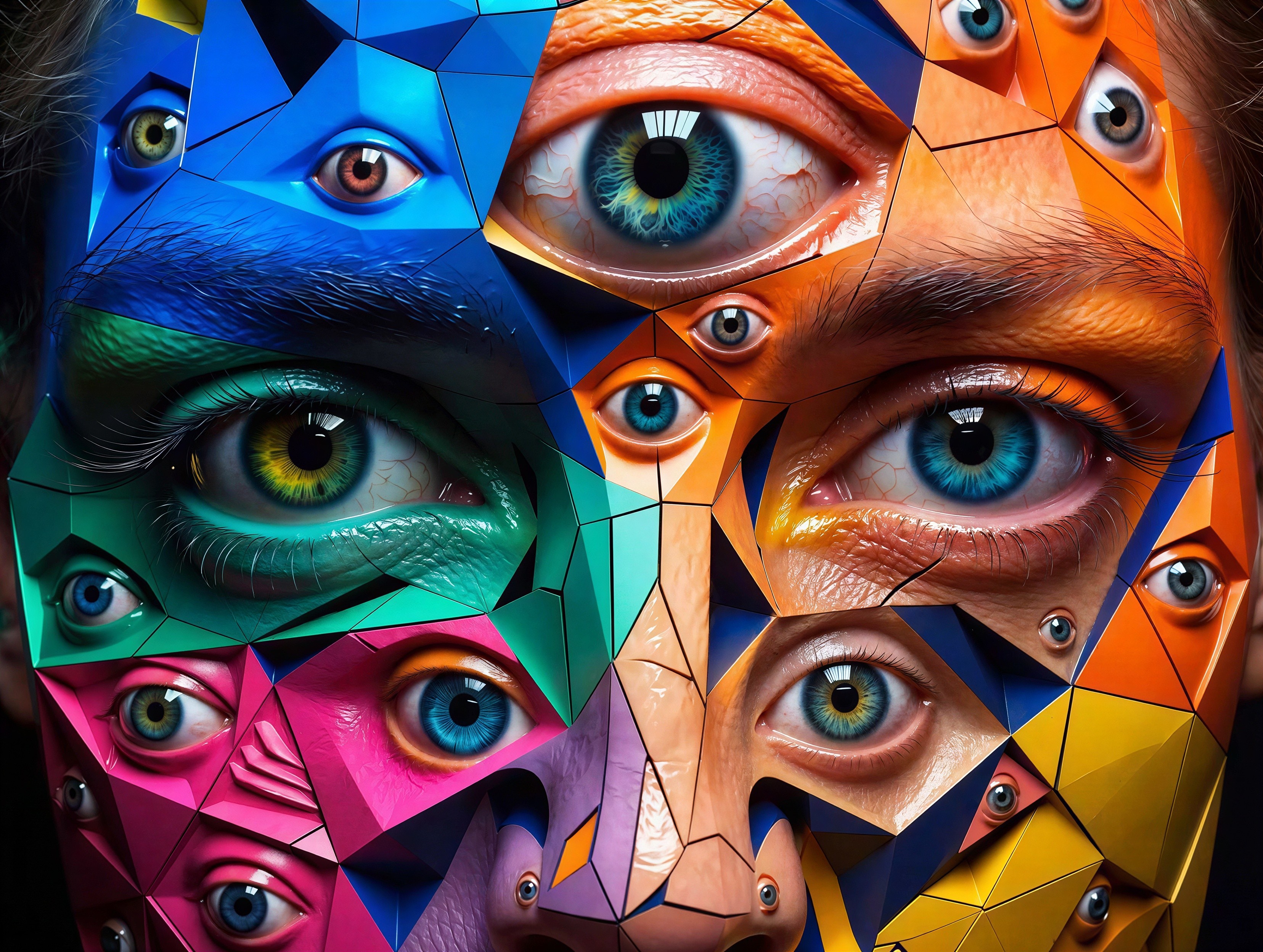 Digital Art of a Face Composed of Colorful Eyes