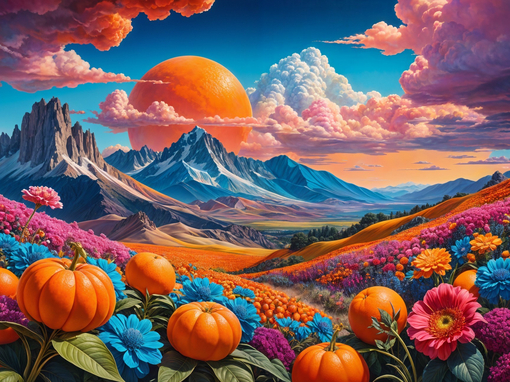 Vibrant Landscape with Colorful Flowers and Mountains